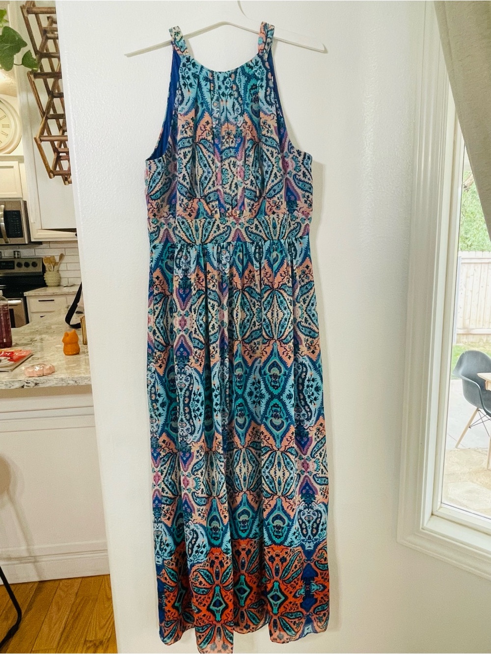 Eliza J Tioma Paisley Halter Maxi Dress Blue Coral Print Open Back Size 10 - Picture 2 of 5